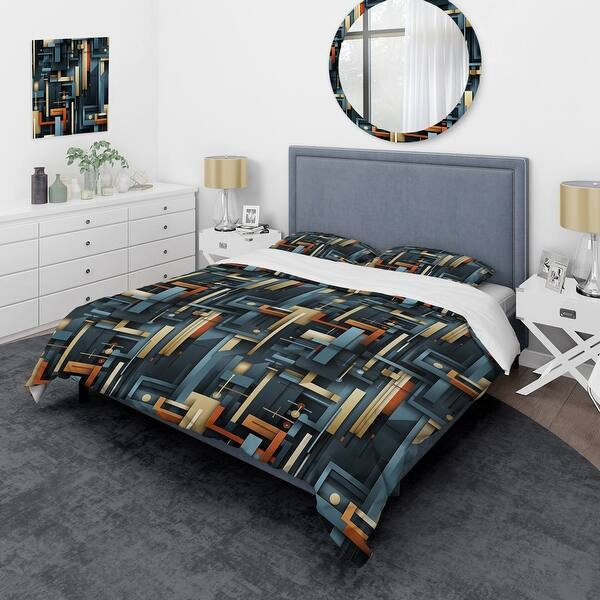 Designart "Teal Industrial Geometry Lines Melody" Gold Modern Bedding Set With Shams Bed Bath